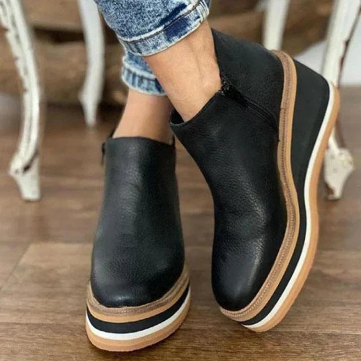 Women's Round Toe Platform Wedge Boots with Side Zip