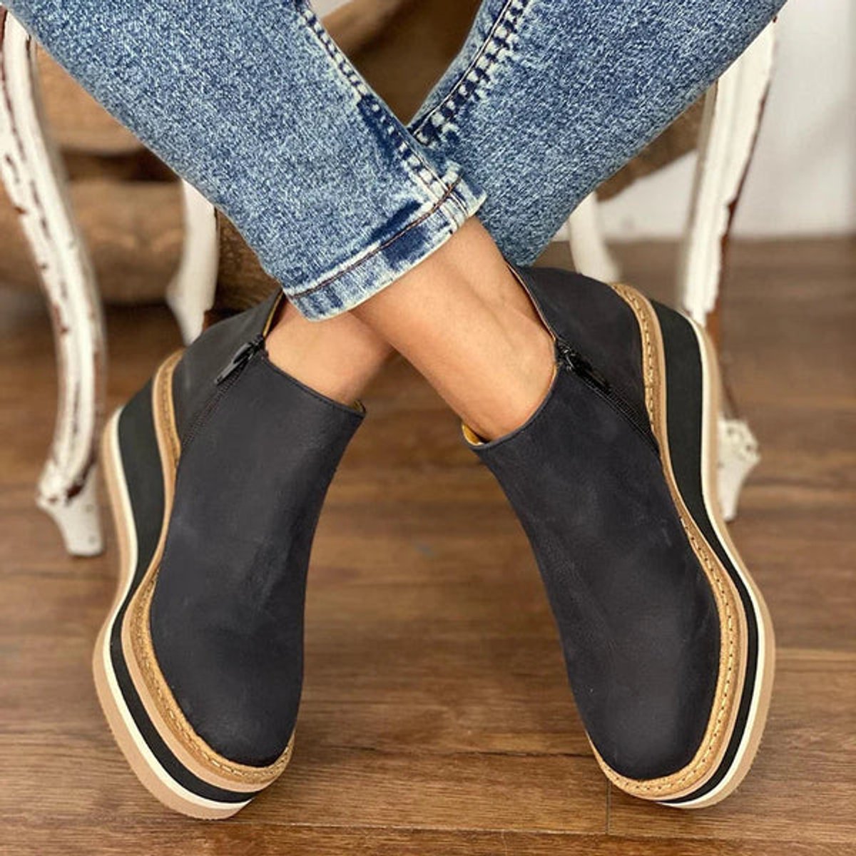 Women's Round Toe Platform Wedge Boots with Side Zip