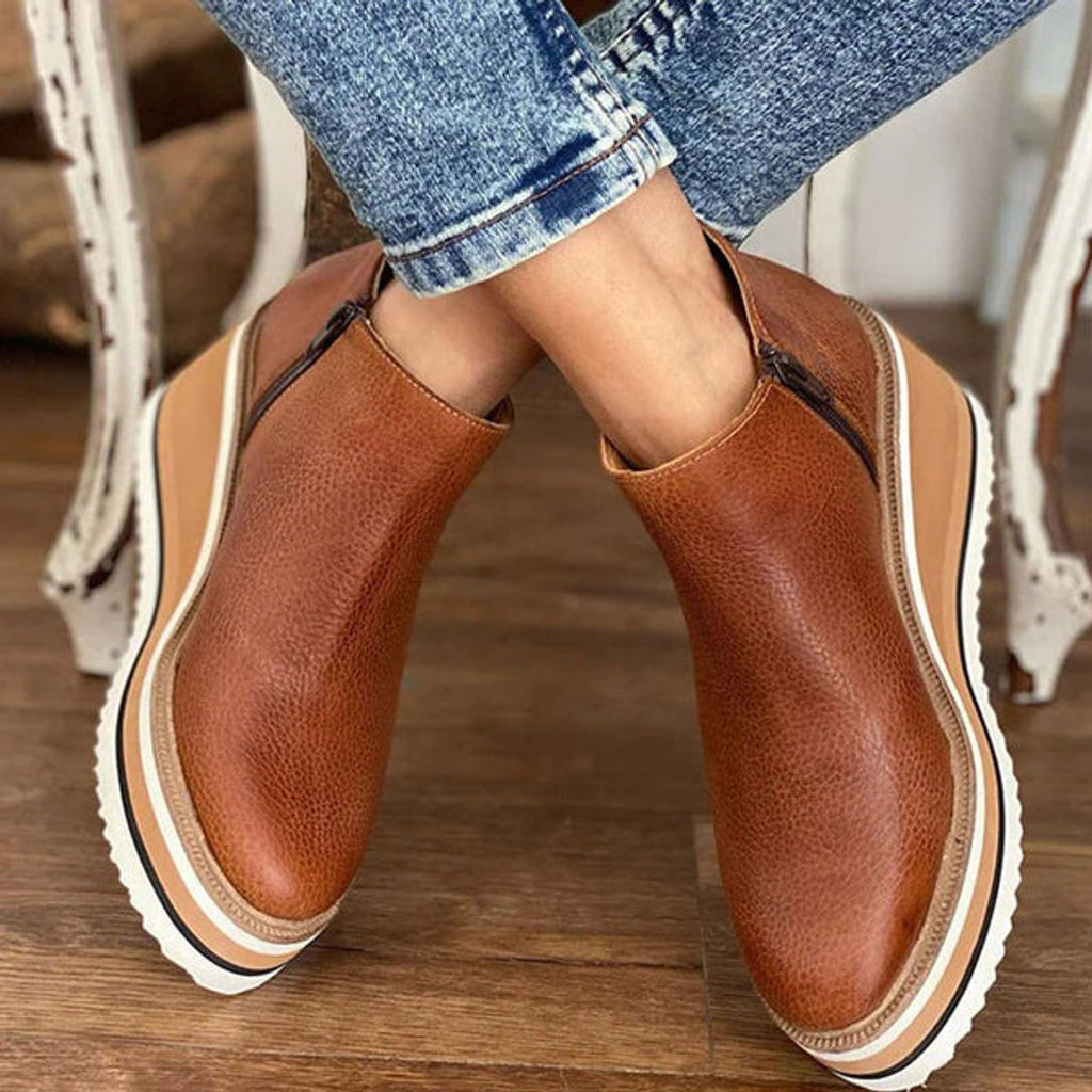 Women's Round Toe Platform Wedge Boots with Side Zip