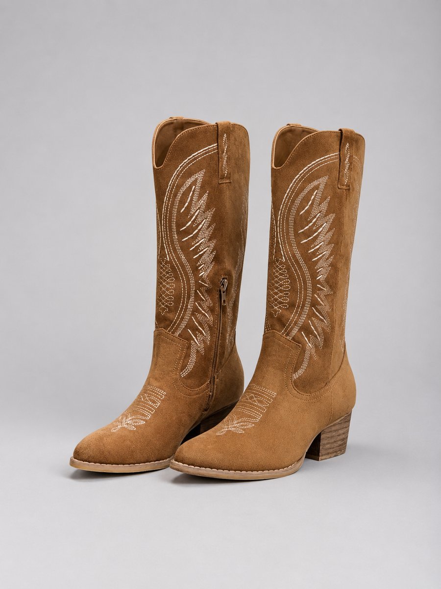 Women's Tall Suede-Look Western Boots with White Embroidery – Brown