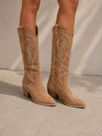 Women's Tall Suede-Look Western Boots with White Embroidery