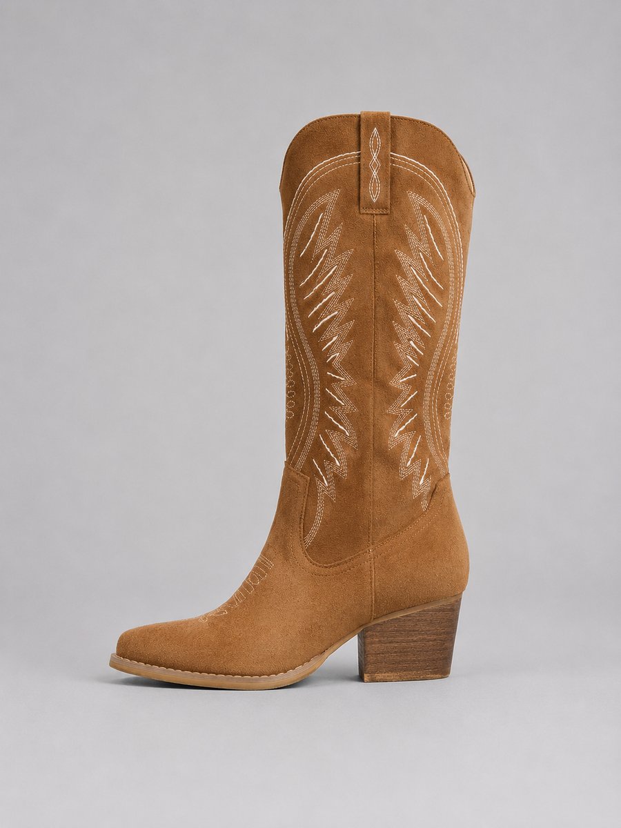 Women's Tall Suede-Look Western Boots with White Embroidery
