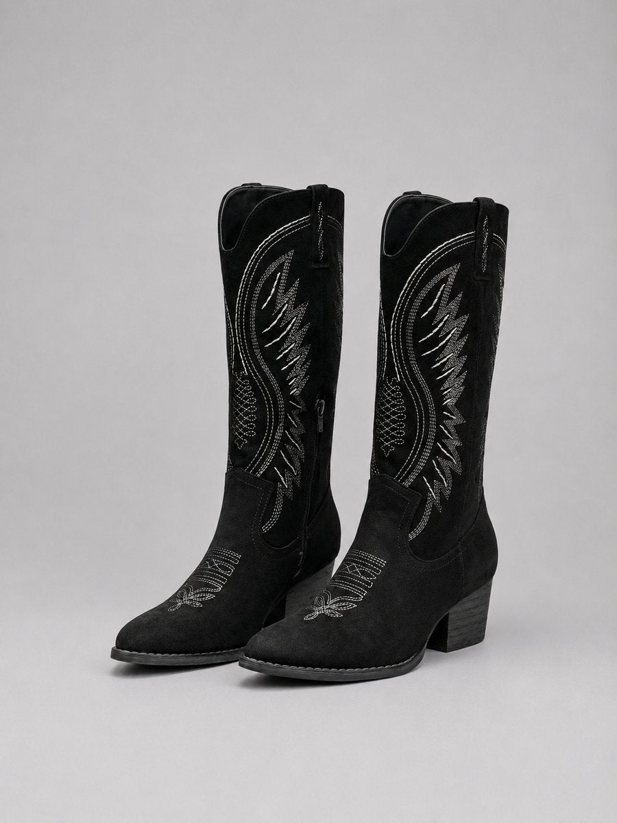 Women's Tall Suede-Look Western Boots with White Embroidery – Black