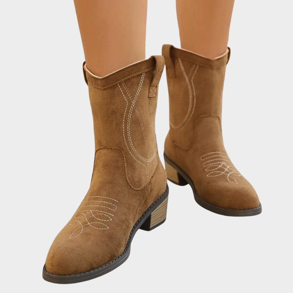 Women's Pointed-Toe Western Mid-Calf Boots with Contrast Stitching