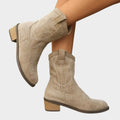 Women's Pointed-Toe Western Mid-Calf Boots with Contrast Stitching – Grey