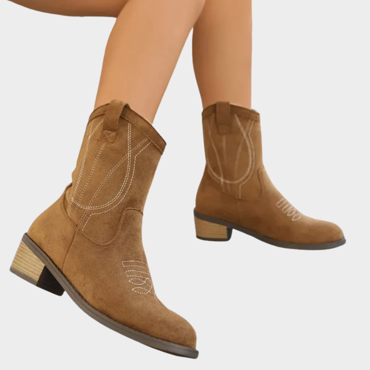 Women's Pointed-Toe Western Mid-Calf Boots with Contrast Stitching – Khaki