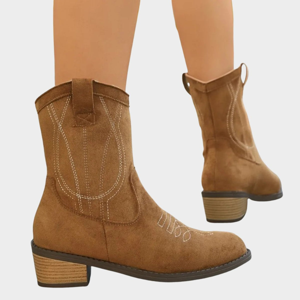 Women's Pointed-Toe Western Mid-Calf Boots with Contrast Stitching