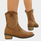 Women's Pointed-Toe Western Mid-Calf Boots with Contrast Stitching