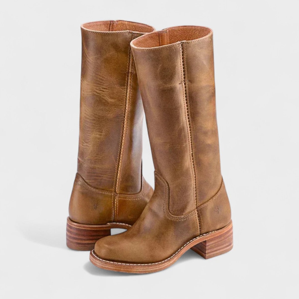 Women's Leather-Lined Knee-High Cowboy Boots with Block Heel – Light Brown