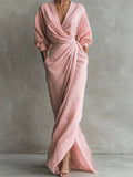 Women's Draped Wrap Maxi Dress with V-Neck and Front Slit – Pink