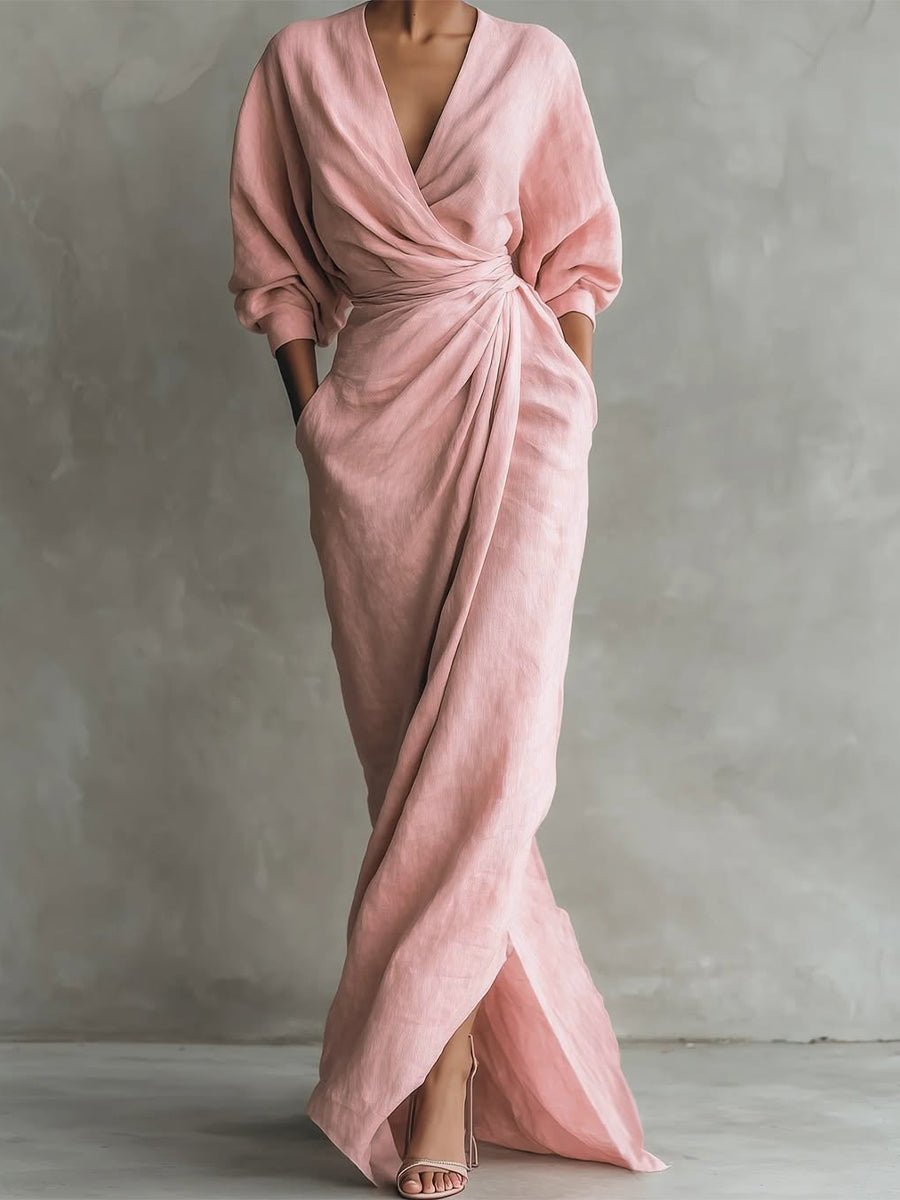 Women's Draped Wrap Maxi Dress with V-Neck and Front Slit – Pink