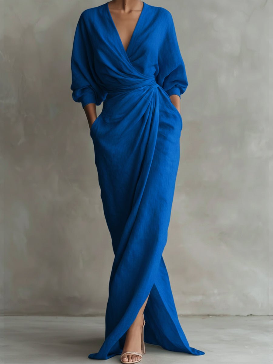Women's Draped Wrap Maxi Dress with V-Neck and Front Slit – Blue