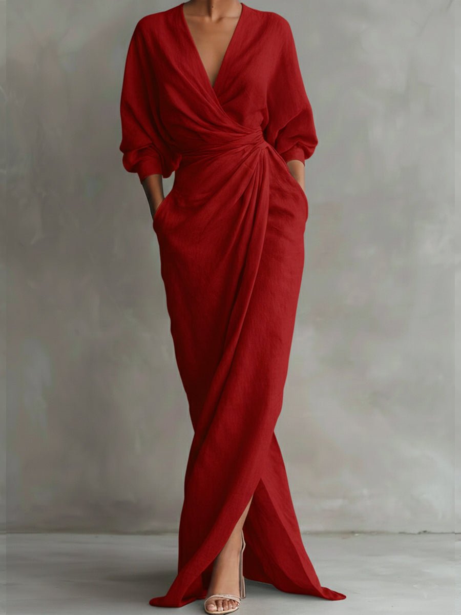 Women's Draped Wrap Maxi Dress with V-Neck and Front Slit – Red