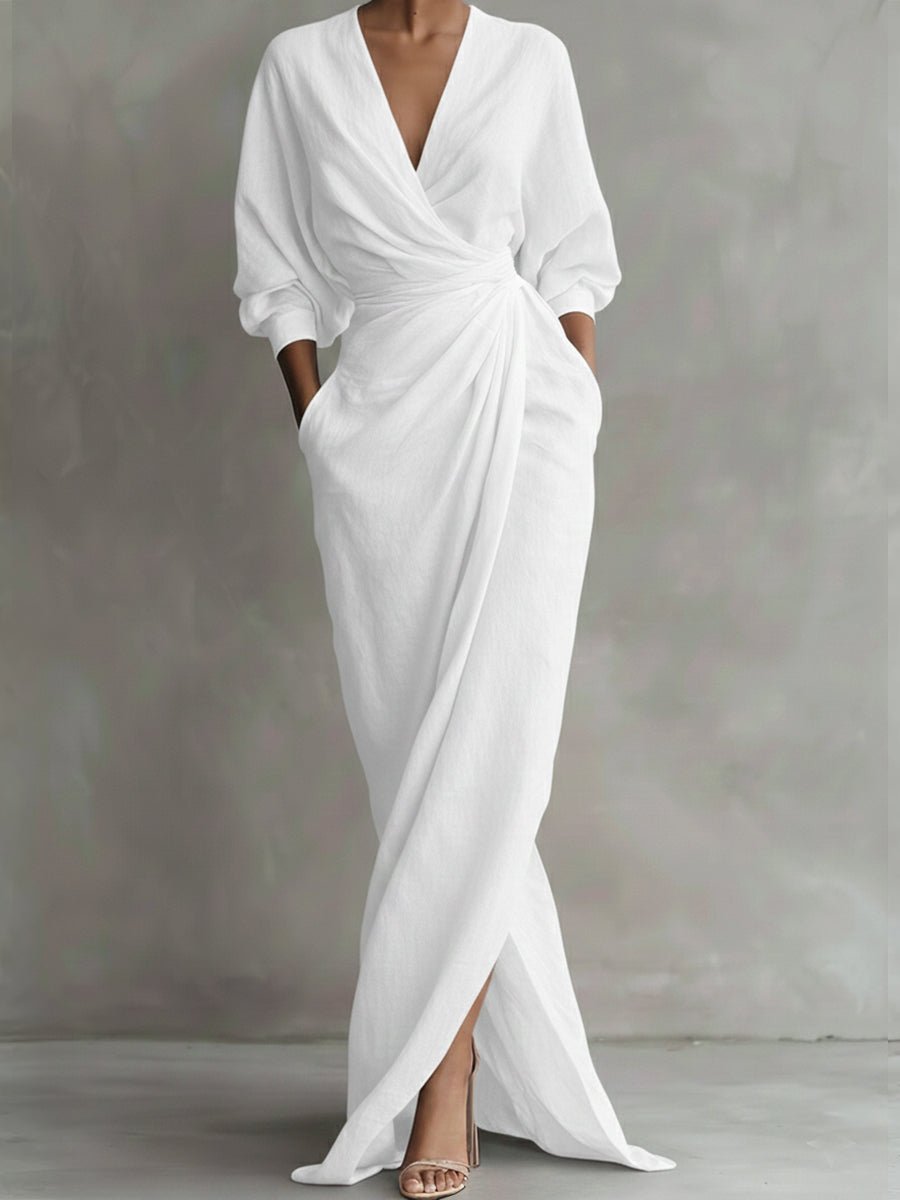 Women's Draped Wrap Maxi Dress with V-Neck and Front Slit – White