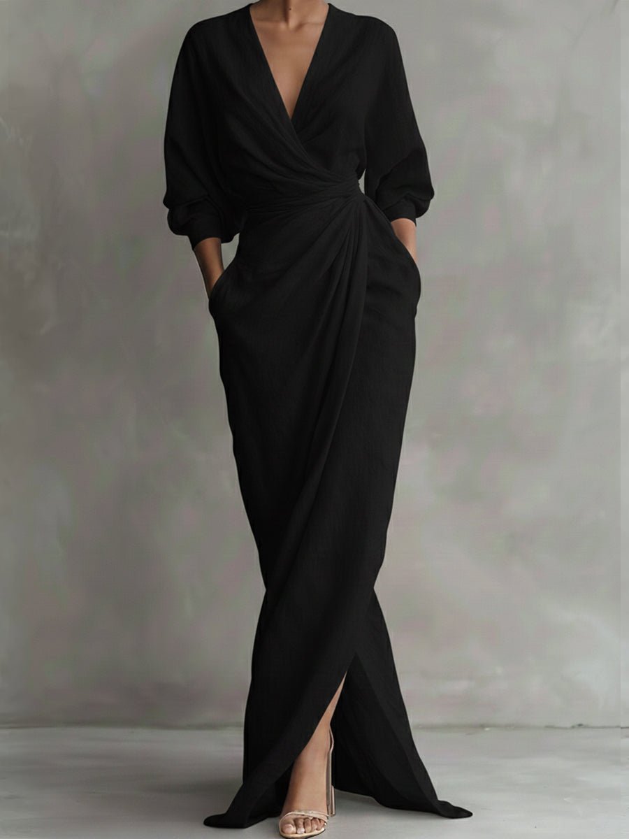 Women's Draped Wrap Maxi Dress with V-Neck and Front Slit – Black