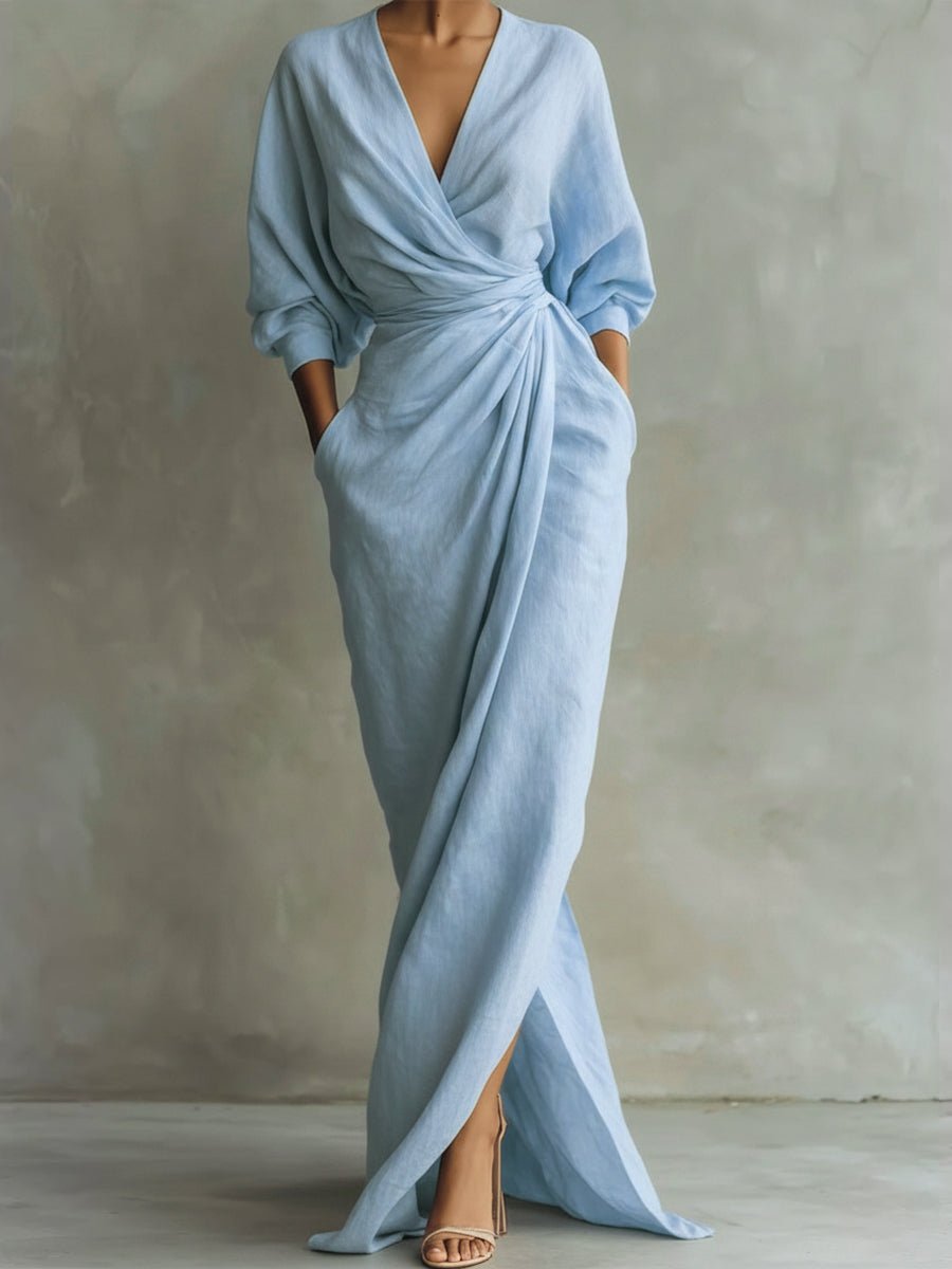 Women's Draped Wrap Maxi Dress with V-Neck and Front Slit – Light Blue