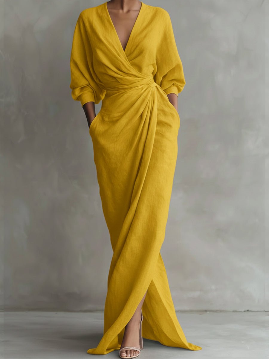 Women's Draped Wrap Maxi Dress with V-Neck and Front Slit – Yellow