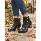 Women's Black Ankle Boots with Floral Buttons and Soft Ruching