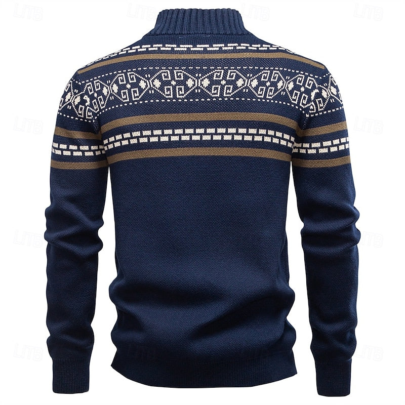 Women's Stand Collar Zip-Up Fair Isle Knit Cardigan
