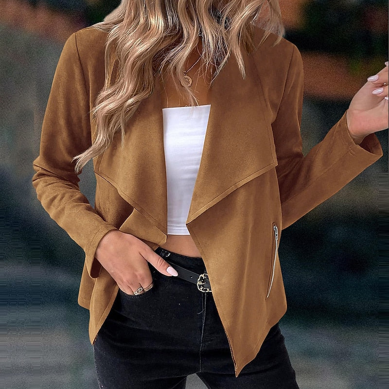 Women's Cascade Collar Lightweight Jacket with Zip Pockets - Brown