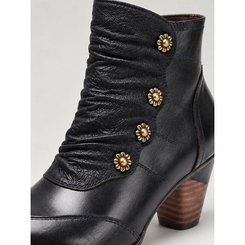 Women's Black Ankle Boots with Floral Buttons and Soft Ruching