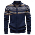 Women's Stand Collar Zip-Up Fair Isle Knit Cardigan - Navy Blue