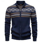 Women's Stand Collar Zip-Up Fair Isle Knit Cardigan - Navy Blue