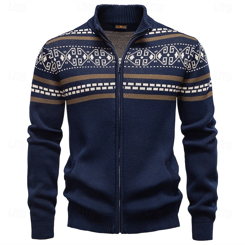Women's Stand Collar Zip-Up Fair Isle Knit Cardigan - Navy Blue