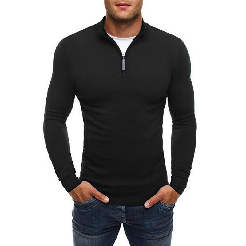Men's Close-Fit Zip Neck Pullover with Raised Collar - Black