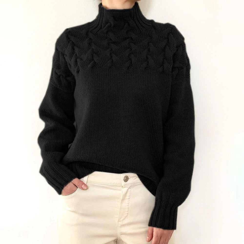 Women's Braided Yoke Roll-Neck Jumper with Ribbed Trims – Black